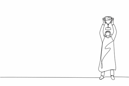 Single continuous line drawing Arabic businessman standing and lifting trophy. Career goal. Victory sign or symbol. Winner pose. Success, goal, achievement concept. One line draw graphic design vectorのイラスト素材