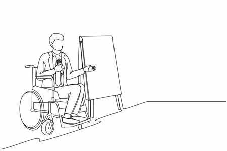 Single one line drawing young businessman on wheelchair using microphone, presentation of infographics on flip chart at weekly office report meeting. Modern continuous line draw design graphic vectorのイラスト素材
