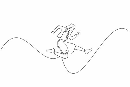 Single continuous line drawing young worker female jumping to show her success. Businesswoman wearing blazer is jump from point to point on white background. One line draw design vector illustrationのイラスト素材