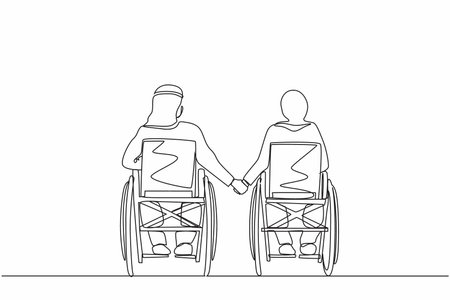 Single continuous line drawing back view of disabled people on wheelchair living happy active lifestyle. Disabled Arab couple man woman in wheelchair sitting and holding hands. One line design vectorのイラスト素材