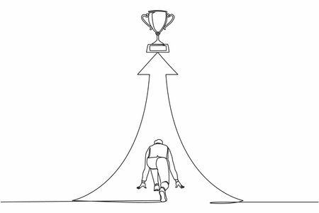 Single one line drawing back view businessman ready to run to trophy at end of route. Vision mission and goal of business. Young male run to their goal, motivation. Continuous line draw design vectorのイラスト素材