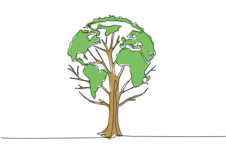 Single one line drawing a tree whose leaves form a globe. A sign. Symbolism. A dense tree is good for the earth. Eco friendly. Anti pollution. Day of Trees. Continuous line design graphic illustrationのイラスト素材