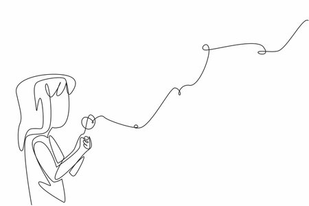 Single continuous line drawing a cute girl blows on a dandelion and the flakes fly. Ritual before making a wish. Hereditary beliefs. Very pleasant. World Wish Day. One line design vector illustrationのイラスト素材