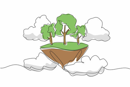 Continuous one line drawing some trees on floating pieces of land. Like in a fairy tale. A beautiful place surrounded by bright clouds. Eco. Day of Trees. Single line draw design vector illustrationのイラスト素材