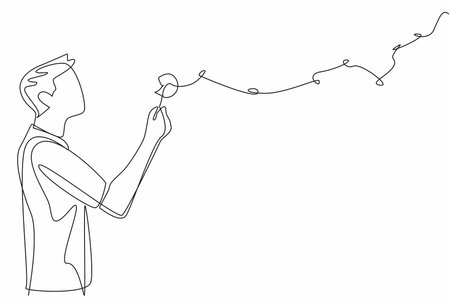 Single one line drawing man in casual clothes blows on dandelion and there are dandelion fragments flying. Blow the hopes sky high. Symbol. World Wish Day. Continuous line design graphic illustrationのイラスト素材