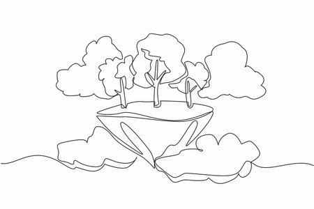 Continuous one line drawing some trees on floating pieces of land. Like in a fairy tale. A beautiful place surrounded by bright clouds. Eco. Day of Trees. Single line draw design vector illustrationのイラスト素材