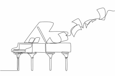 Continuous one line drawing a grand piano on top of which there are flying sheets of paper. The musical performance is over. Fest. International Jazz Day. Single line draw design vector illustrationのイラスト素材