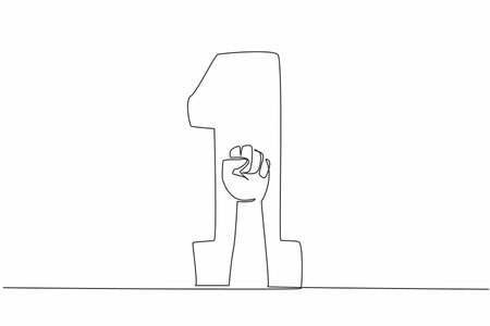 Continuous one line drawing clenched fists in a large number 1. Solidarity, determination, spirit, steadfastness, strong will to demand rights. May Day. Single line draw design vector illustrationのイラスト素材