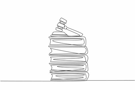 Single one line drawing judge gavel on top of 5 stacks of thick books. The case file is ready. The lawsuit will arrive at the right time. Verdict. Law Day. Continuous line design graphic illustrationのイラスト素材