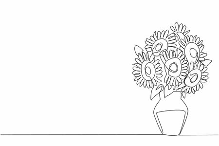Single one line drawing sunflower in a vase. Placed in the corner of the room. Beautiful decoration. Yellow. International Sunflower Guerilla Gardening Day. Continuous line design graphic illustrationのイラスト素材