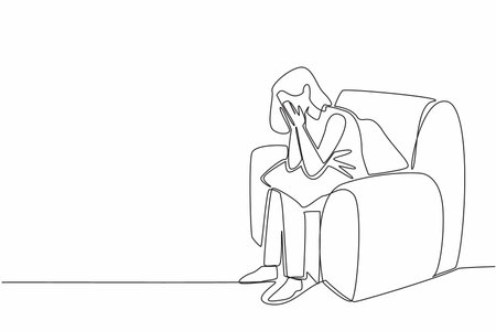 Continuous one line drawing woman sitting on a single sofa covering face with both palms. Receiving bad treatment. Stress. National Anxiety Screening Day. Single line draw design vector illustrationのイラスト素材