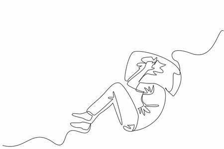 Continuous one line drawing woman lying curled up on the bed with head covered by pillow. Stress. Want to scream out loud. National Anxiety Screening Day. Single line draw design vector illustrationのイラスト素材