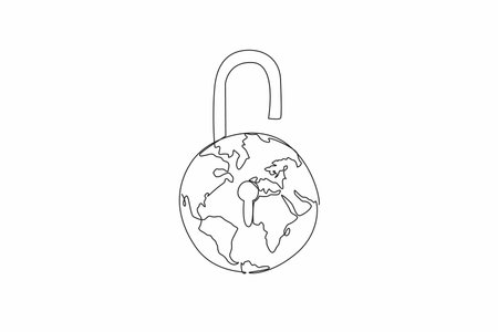 Continuous one line drawing globe made into an open padlock with a keyhole in the middle. Added passkey for easy login. Biometric. World Password Day. Single line draw design vector illustrationのイラスト素材