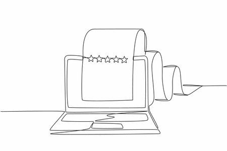 Single continuous line drawing laptop with paper rolling out of the screen to the back. Review page. Providing feedback for quality improvement. Write a Review Day. One line design vector illustrationのイラスト素材
