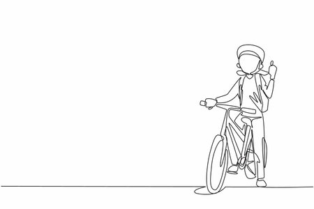 Continuous one line drawing girl stands on bicycle with one hand forms thumbs up gesture. Pumping up adrenaline for knowledge. National Bike to School Day. Single line draw design vector illustrationのイラスト素材