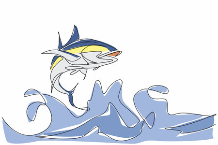 Continuous one line drawing tuna jumps from the surface of the water forming a splash. Marine biota with good nutritional content. Protein. World Tuna Day. Single line draw design vector illustrationのイラスト素材
