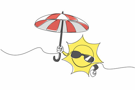 Single continuous line drawing sun wearing sunglasses holding big umbrella. Take a vacation to the beach, stay sheltered. Global warming. International Sun Day. One line design vector illustrationのイラスト素材