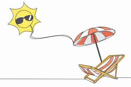 Single one line drawing beach chairs and beach umbrellas on top of which is the sun wearing sunglasses. Summer vacation. Relax. International Sun Day. Continuous line design graphic illustrationのイラスト素材