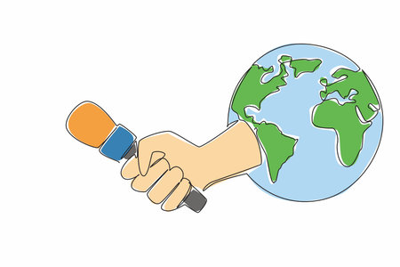 Single one line drawing the hand that comes out while holding the microphone in the middle of the globe. Threats to press freedom. World Press Freedom Day. Continuous line design graphic illustrationのイラスト素材