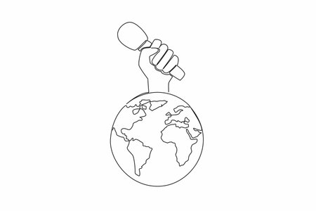 Single continuous line drawing hand holding reporter microphone above globe. Press freedom alliance. Delivering news to the whole world. World Press Freedom Day. One line design vector illustrationのイラスト素材