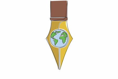 Single continuous line drawing the tip of the pen has a globe in the middle. Metaphor. Writing news to be known all over the world. Media. World Press Freedom Day. One line design vector illustrationのイラスト素材