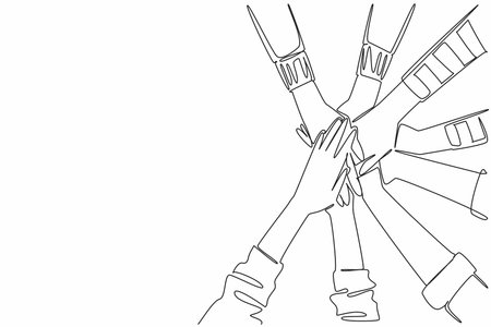Continuous one line drawing 4 pairs with various sleeve models stacked on top of each other. Achieving results together. Great teamwork. Join Hands Day. Single line draw design vector illustrationのイラスト素材