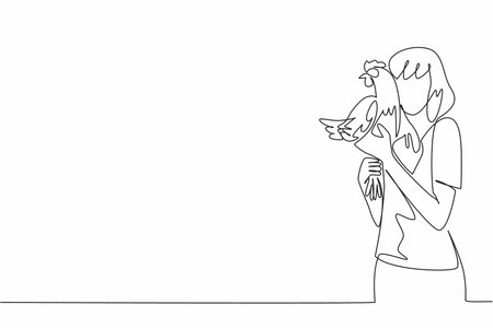 Single continuous line drawing a woman in casual clothes lifts a hen and puts it to her cheek. Laying a lot of eggs. Fowl. International Respect for Chickens Day. One line design vector illustrationのイラスト素材