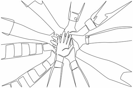 Single continuous line drawing 5 pairs of hands with various sleeve models stacked on top of each other. Collaboration between divisions. Colleague. Join Hands Day. One line design vector illustrationのイラスト素材