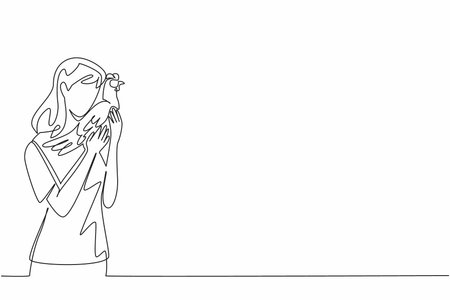 Single one line drawing a woman hugging a hen. It is the laying season. Waiting with affection. Poultry. Together. International Respect for Chickens Day. Continuous line design graphic illustrationのイラスト素材