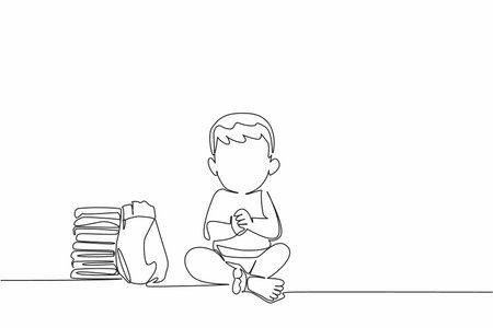 Single continuous line drawing baby boy sitting wearing diaper with pile of diapers. Cute little baby just finished bathing. Hygiene. Kids In Need Of Diapers Day. One line design vector illustrationのイラスト素材