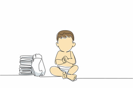 Single continuous line drawing baby boy sitting wearing diaper with pile of diapers. Cute little baby just finished bathing. Hygiene. Kids In Need Of Diapers Day. One line design vector illustrationのイラスト素材