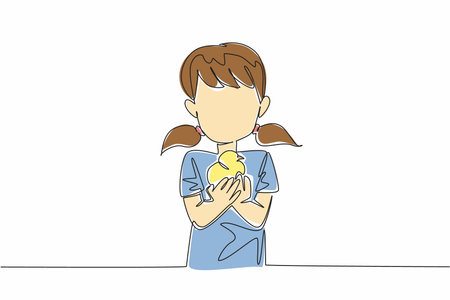 Continuous one line drawing girl holding chick with both hands. Playing with adorable chicks. Livestock. Animal pet. International Respect for Chickens Day. Single line draw design vector illustrationのイラスト素材