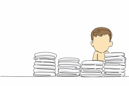 Continuous one line drawing head of baby boy emerges from pile of diapers at different heights. Choosing which diaper to take. Kids In Need Of Diapers Day. Single line draw design vector illustrationのイラスト素材