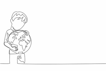 Single continuous line drawing the boy hugging globe. A symbol of keeping tightly. Not making air pollution. Protecting the earth from damage. Care. World Give Day. One line design vector illustrationのイラスト素材