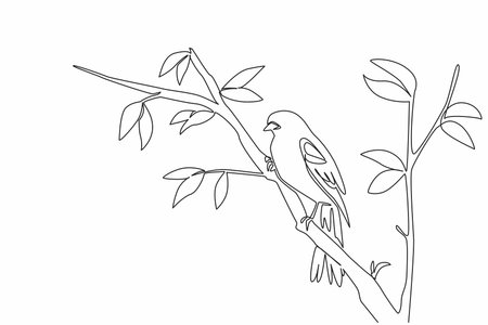 Single continuous line drawing red winged blackbird perched on a tree branch with leaves. Beautiful hairy. Bright morning atmosphere. International Dawn Chorus Day. One line design vector illustrationのイラスト素材