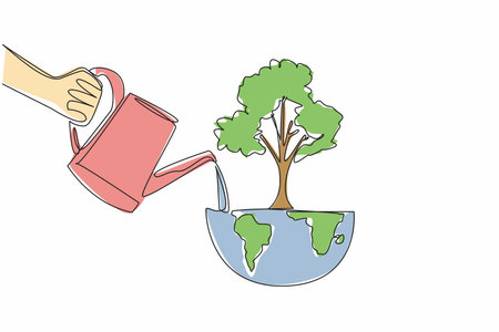 Single continuous line drawing a hand watering a tree on half the globe using a watering can. An activity to green the earth. Clean from pollution. Day of Trees. One line design vector illustrationのイラスト素材