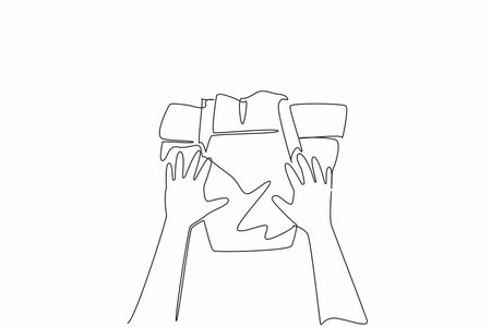 Single one line drawing hands of baby holding the diaper with both hands. Diaper pants. Easier to remove and put on. Hygiene. Kids In Need Of Diapers Day. Continuous line design graphic illustrationのイラスト素材