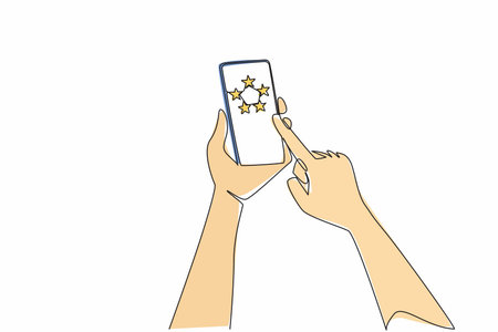 Continuous one line drawing hand hold smartphone and points at smartphone screen which has 5 stars. Always give 5 stars. Best quality. Write a Review Day. Single line draw design vector illustrationのイラスト素材