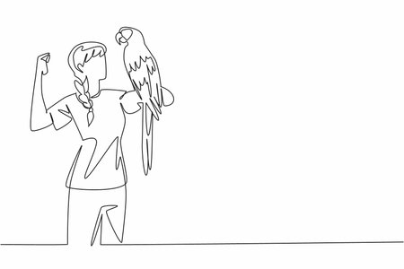 Single continuous line drawing scarlet macaw parrot perched on hand of woman. The most beautiful and popular parrot. Can be a good friend. Woman Holding Bird. One line design vector illustrationのイラスト素材
