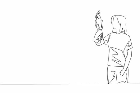 Continuous one line drawing white cockatiel bird perched on hand of woman. The bird that can be kept as a pet comes from Australia. Woman Holding Bird. Single line draw design vector illustrationのイラスト素材