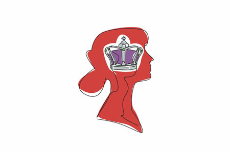 Single one line drawing the head of a young woman with a royal crown in the middle of her head. Get the title of honorary queen. Inside the Head of Woman. Continuous line design graphic illustrationのイラスト素材