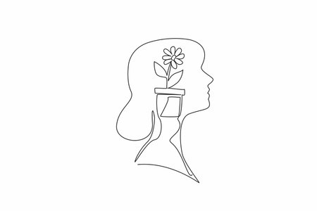 Single continuous line drawing the head of woman with pot containing flowering plant in the middle of her head. Farmer in her spare time. Inside the Head of Woman. One line design vector illustrationのイラスト素材