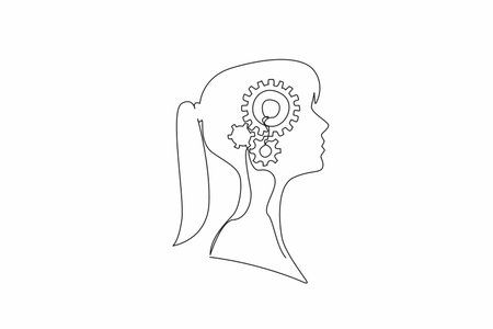 Continuous one line drawing the head of a young woman with a gear in the middle of her head. Critical thinking for more profit. Inside the Head of Woman. Single line draw design vector illustrationのイラスト素材