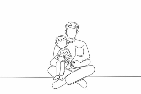 Continuous one line drawing a father sits on the floor hugging his son and a cat. The feeling of having fun joking together. Cute. National Pet Parents Day. Single line draw design vector illustrationのイラスト素材