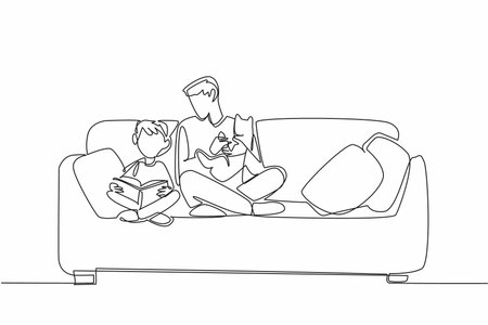 Single continuous line drawing father holding cat while watching his son reading a book. Very quality time together. Education. Knowledge. National Pet Parents Day. One line design vector illustrationのイラスト素材
