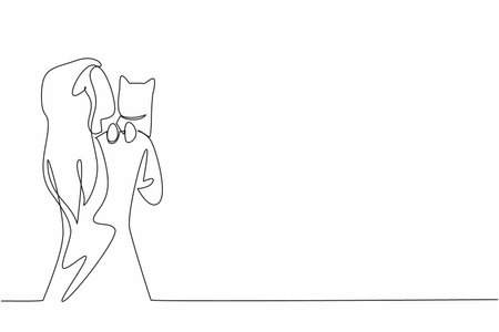 Single one line drawing a woman hugs and kisses a cat perched on her shoulder. Loving animals is like loving children. Adorable. National Pet Parents Day. Continuous line design graphic illustrationのイラスト素材