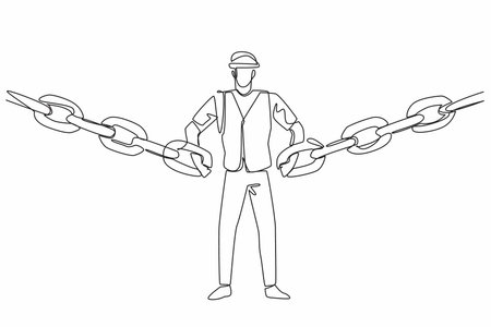 Single continuous line drawing man wearing project vest and helmet hooking chain with both hands....