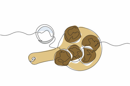 Continuous one line drawing oatmeal cookies on a round wooden cutting board with glass of milk. Ready to face the day. Calcium. National Oatmeal Cookie Day. Single line draw design vector illustrationのイラスト素材