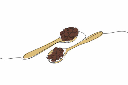 Continuous one line drawing raisins on two wooden spoons. Dry snack. Can also be used as topping on bread. Unique and refreshing taste. National Raisin Day. Single line draw design vector illustrationのイラスト素材