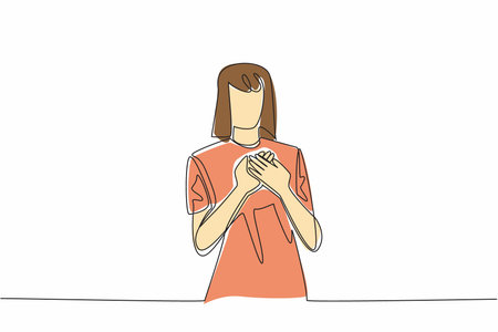 Single continuous line drawing woman poses with crossed palms on left chest. Expressing gratitude through body language. Humble attitude. National Honesty Day. One line design vector illustrationのイラスト素材